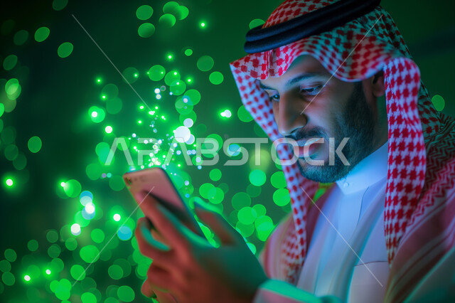 The concept of technological and technical progress, the use of modern technical devices, a young Saudi Arabian Gulf man wearing traditional thobe and shemagh using a mobile phone, 3D holographic background