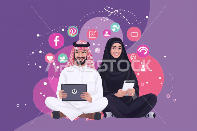 Browsing social media, using modern technology devices for entertainment and fun, 3D drawing of two young Saudi Arabian Gulf men and women wearing traditional dress sitting and using mobile phone and tablet, application icons background