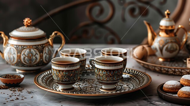 أواني وأدوات فاخرة, الاستمتاع بالمشروبات الساخنة, العادات والتقاليد العربية في الضيافة التقليدية, كرم وحسن الاستقبال في المملكة العربية السعودية, صورة مقربة لمجموعة من فناجين الشاي المزخرفة مع قطع الحلويات الشهية