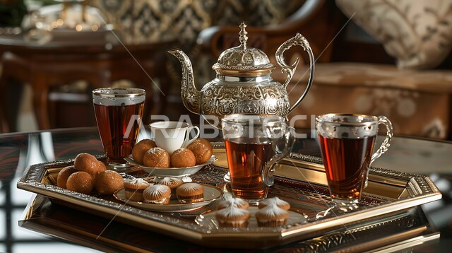 كرم وحسن الاستقبال في المملكة العربية السعودية, صورة مقربة لمجموعة من فناجين الشاي المزخرفة مع قطع الحلويات الشهية, أواني وأدوات فاخرة, الاستمتاع بالمشروبات الساخنة, العادات والتقاليد العربية في الضيافة التقليدية