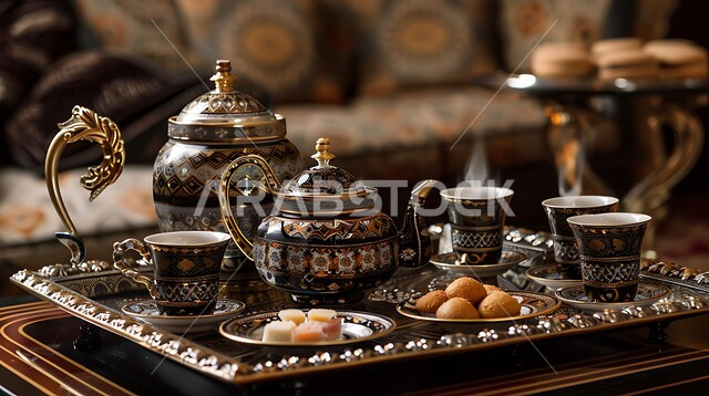 الاواني الذهبية بزخارف تقليدية, التقاليد و العادات القديمة في تقديم الشاي, صورة مقربة لمجموعة من الفناجين المزخرفة على الطاولة مع قطع الحلويات الشهية, كرم الاستقبال وحسن الضيافة في المملكة العربية السعودية, الاستمتاع بالمشروبات الساخنة