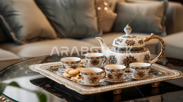 كرم الاستقبال وحسن الضيافة في المملكة العربية السعودية, الاستمتاع بالمشروبات الساخنة، الاواني الذهبية بزخارف تقليدية, التقاليد و العادات القديمة في تقديم الشاي, صورة مقربة لمجموعة من الفناجين المزخرفة على الطاولة مع قطع الحلويات الشهية