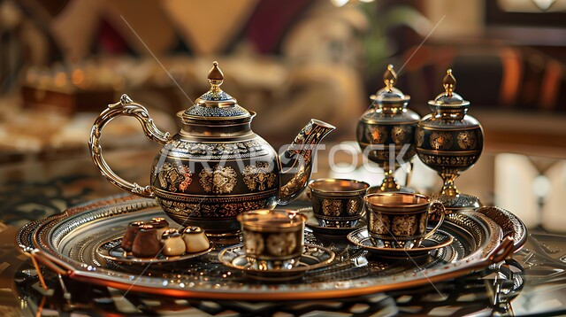 الاستمتاع بالمشروبات الساخنة، الاواني الذهبية بزخارف تقليدية, التقاليد و العادات القديمة في تقديم الشاي, صورة مقربة لمجموعة من الفناجين المزخرفة على الطاولة مع قطع الحلويات الشهية, كرم الاستقبال وحسن الضيافة في المملكة العربية السعودية