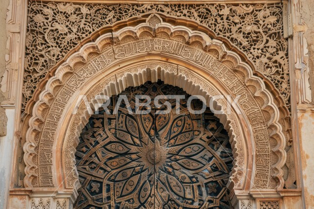 الفنون الهندسية المعمارية والتصاميم الاسلامية للابواب القديمه في المملكه العربيه السعودية، صوره مقربه لباب خشبي منحوت بالنقوش والزخارف التراثية العربية، الابواب المصنوعة على الطراز الخشبي القديم