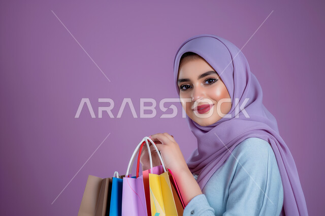 شراء المنتجات و الدفع عن بعد, مفهوم التسوق الالكتروني, بورتريه مقرب لامرأة عربية خليجية سعودية محجبة مبتسمة ترتدي الزي الكاجوال تحمل بيدها أكياس ورقية و تنظر إلى الكاميرا بإيماءات السعادة و السرور, خلفية ملونة