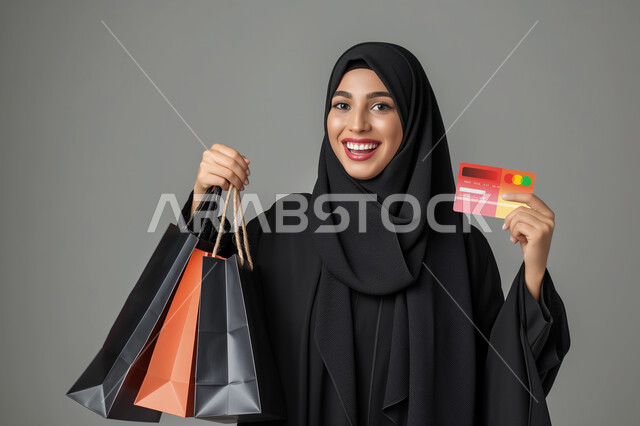 مفهوم التسوق الالكتروني, شراء المنتجات و الدفع عن بعد, بورتريه لامرأة عربية خليجية سعودية محجبة مبتسمة ترتدي العباءة السوداء تحمل بيدها أكياس ورقية و بطاقة الائتمان البنكية, خلفية رمادية