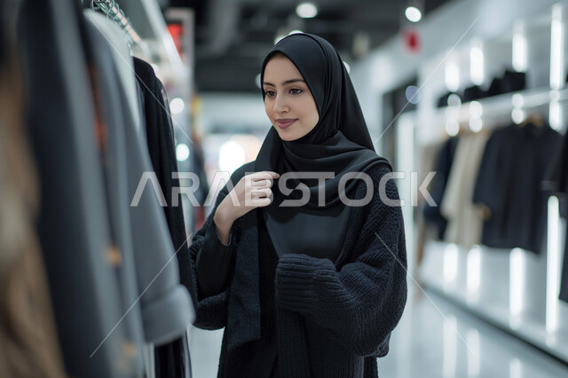 قضاء وقت ممتع في المول تجاري, شراء الألبسة جديدة, امرأة عربية خليجية سعودية محجبة ترتدي عباءة سوداء تقوم بالتبضع من متجر الملابس، الاستمتاع بالشراء والتسوق، الاستفادة من العروض والخصومات