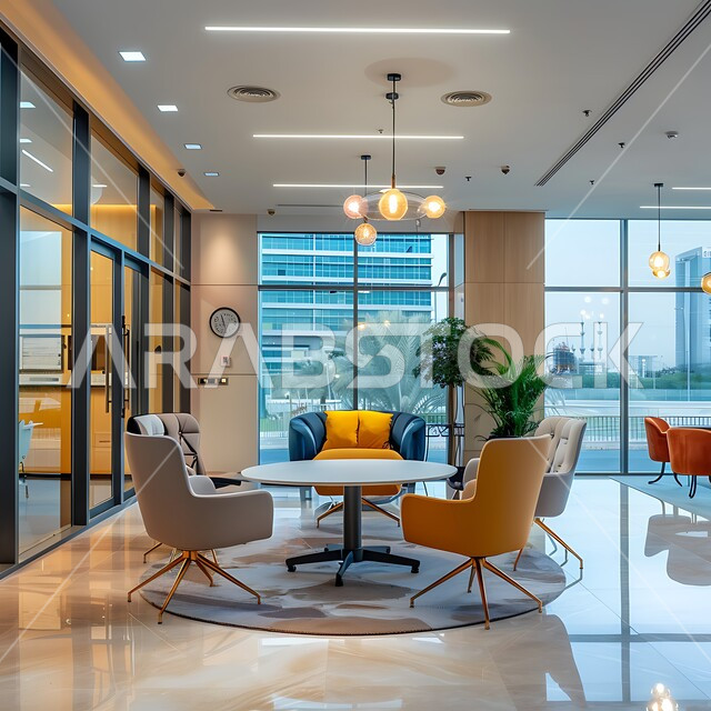  الاهتمام بنباتات الزينة الخضراء في المكاتب, التصميم العصري الحديث للشركات في مدينة الرياض في المملكة العربية السعودية، التصاميم والديكورات الداخلية الفخمة، أقسام واسعة  بأثاث ملون فاخر، النوافذ والواجهات الزجاجية