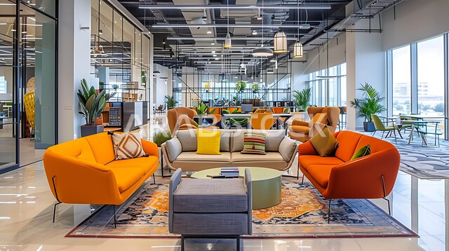 Modern contemporary corporate design art in Riyadh, Saudi Arabia, luxurious interior designs and decorations, spacious sections with luxurious colorful furniture, glass windows and facades, interest in green ornamental plants in offices