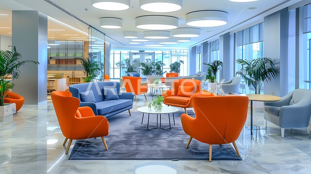 التصميم العصري الحديث للشركات في مدينة الرياض في المملكة العربية السعودية، التصاميم والديكورات الداخلية الفخمة، أقسام واسعة  بأثاث ملون فاخر، النوافذ والواجهات الزجاجية, الاهتمام بنباتات الزينة الخضراء في المكاتب