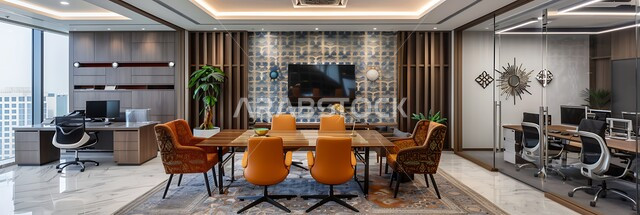 مكتب عمل بواجهه زجاجية كبيرة, تصميم عصري حديث لمكاتب الشركات في مدينة الرياض في المملكة العربية السعودية، غرف مكتبية بتصاميم داخلية وديكورات راقية مع اثاث فاخر ومريح، الفن الهندسي المعماري المتطور