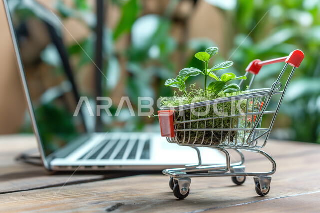 Integrating advanced modern technologies into practical life, online shopping sites and centers, a cart with a small plant inside in front of a laptop, remote payment operations, the concept of e-shopping