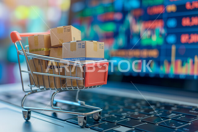 مفهوم التسوق الالكتروني, دمج التقنيات الحديثة المتطورة بالحياة العملية, مواقع ومراكز الشراء الأونلاين، عربة مليئة بالطرود أمام الحاسوب المحمول, عمليات الدفع عن بعد