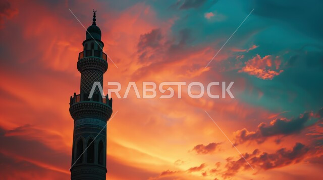 الفن الهندسي المعماري على الطراز الاسلامي ,صورة مقربة لمئذنة وقت غروب الشمس في المملكة العربية السعودية, مفهوم العبادة والتقرب الى الله تعالى, نداء المسلمين لأداء الفرائض الدينية, خلفية السماء المليئة بالغيوم 