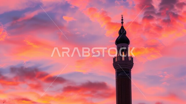 مفهوم العبادة والتقرب الى الله تعالى, الفن الهندسي المعماري على الطراز الاسلامي , خلفية السماء المليئة بالغيوم ،صورة مقربة لمئذنة وقت غروب الشمس في المملكة العربية السعودية،نداء المسلمين لأداء الفرائض الدينية