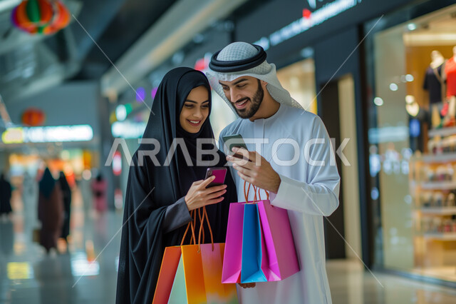 استخدام الأجهزة التقنية الحديثة بالحياة اليومية, الاستمتاع بالتسوق مع العائلة, زوجان عربيان خليجيان سعوديان يرتديان الثوب التقليدي يحملان أكياس ورقية و الهاتف المحمول, قضاء الأوقات العائلية الممتعة