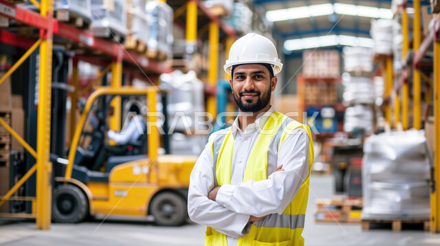 مركز التوزيع والخدمات, مخازن معامل ومصانع المملكة العربية السعودية، صورة مقربة لعامل مستودعات عربي خليجي سعودي يرتدي السترة وخوذة الحماية يقف بإيماءات أيدي متقاطعة, صناديق وكراتين مغلفة داخل المستودع، عمليات الاستلام والتخزين، مفهوم إدارة المخزون