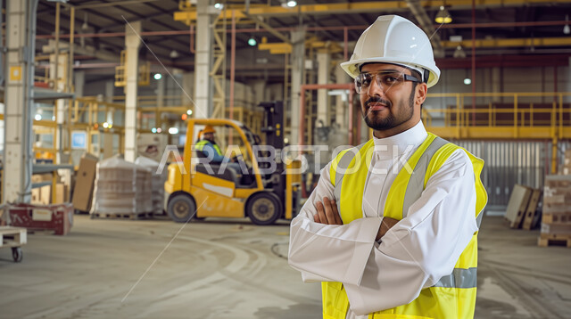 مفهوم إدارة المخزون, مركز التوزيع والخدمات, مخازن معامل ومصانع المملكة العربية السعودية، صورة مقربة لعامل مستودعات عربي خليجي سعودي يرتدي السترة وخوذة الحماية يقف بإيماءات أيدي متقاطعة, صناديق وكراتين مغلفة داخل المستودع، عمليات الاستلام والتخزين