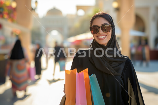 النظر إلى الكاميرا بإيماءات السعادة و السرور, الاستمتاع بالتسوق و شراء الهدايا و الاحتياجات, امرأة عربية خليجية سعودية محجبة مبتسمة ترتدي العباءة السوداء تحمل بيدها أكياس ورقية