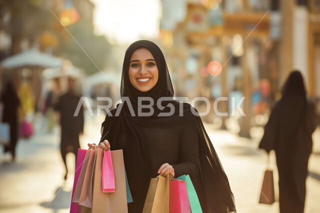 الاستمتاع بالتسوق و شراء الهدايا و الاحتياجات, النظر إلى الكاميرا بإيماءات السعادة و السرور, امرأة عربية خليجية سعودية محجبة مبتسمة ترتدي العباءة السوداء تحمل بيدها أكياس ورقية