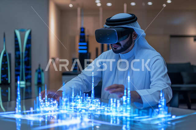 رؤية مستقبلية سعودية 2030، التفاعل مع الهندسة الافتراضية، صورة مقربة لمهندس عربي خليجي سعودي يرتدي نظارة الواقع الافتراضي يتفاعل مع مجسم هولوجرامي لمبنى، نمو وتطور المجال الهندسي عبر نظارة الفي آر، مجسمات للمنشآت والمباني المعمارية