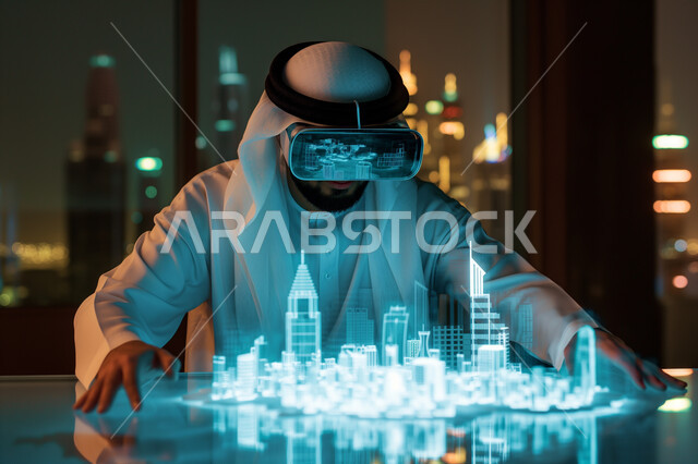 Saudi Vision 2030, interacting with virtual engineering, close-up of a Saudi Arabian Gulf engineer wearing virtual reality glasses interacting with a holographic model of a building, growth and development of the engineering field through VR glasses, models of architectural facilities and buildings