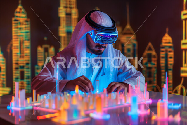 رؤية مستقبلية سعودية 2030، التفاعل مع الهندسة الافتراضية، صورة مقربة لمهندس عربي خليجي سعودي يرتدي نظارة الواقع الافتراضي يتفاعل مع مجسم هولوجرامي لمبنى، نمو وتطور المجال الهندسي عبر نظارة الفي آر، مجسمات للمنشآت والمباني المعمارية