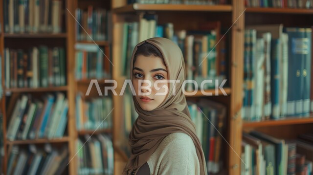 مفهوم الشغف بالقراءة, ممارسة هواية المطالعة, امراة عربية خليجية سعودية ترتدي الحجاب تقف في المكتبة و تنظر إلى الكاميرا, الكتب و الروايات على الرفوف, أماكن هادئة مريحة للدراسة