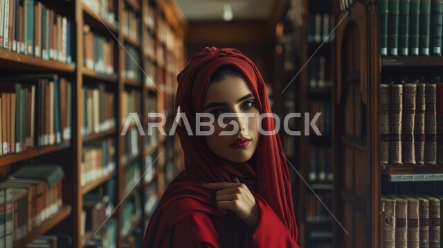 أماكن هادئة مريحة للدراسة, مفهوم الشغف بالقراءة, ممارسة هواية المطالعة, امراة عربية خليجية سعودية ترتدي الحجاب تقف في المكتبة و تنظر إلى الكاميرا, الكتب و الروايات على الرفوف