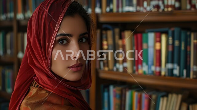 الكتب و الروايات على الرفوف, مفهوم الشغف بالقراءة, ممارسة هواية المطالعة, امراة عربية خليجية سعودية ترتدي الحجاب تقف في المكتبة و تنظر إلى الكاميرا, أماكن هادئة مريحة للدراسة