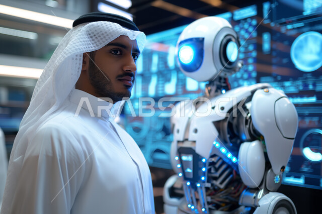 هندسة الالكترونيات والتكنولوجيا المتقدمة, تطورالتقنيات الحديثة في المملكة, مراكز الأبحاث العلمية في السعودية, عالم عربي خليجي سعودي يرتدي الثوب التقليدي يقوم بالعمل على تطوير الروبوتات الذكية, مختبر للابتكارات والمخترعات الروبوتية المستقبلية