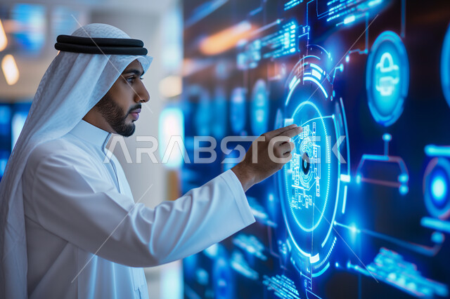 استخدام التقنيات الالكترونية الحديثه، صورة مقربة لرجل عربي خليجي سعودي يرتدي الثوب التقليدي يقوم بلمس أيقونات ورموز هولوجرامية مضيئة على الشاشات الالكترونية، مفهوم النمو والتقدم التكنولوجي في المملكة العربية السعودية