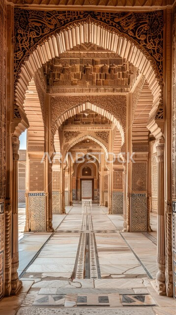 النقوش والزخارف للاعمدة والاقواس على الطراز الاسلامي، مفهوم العبادة والتقرب إلى الله تعالى, الفن الهندسي المعماري لمسجد عربي عريق، التصاميم والديكورات الداخلية للمساجد في المملكة العربية السعودية
