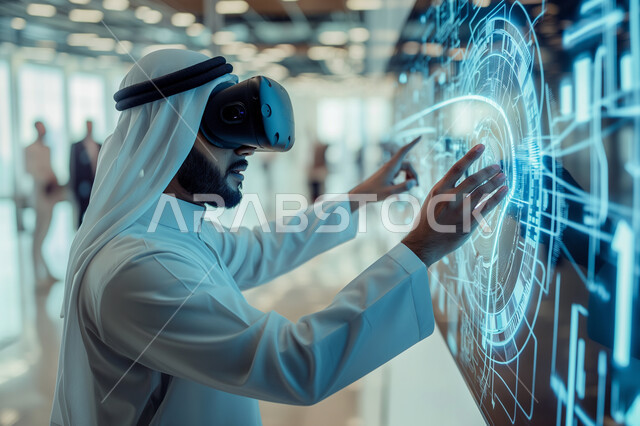 مفهوم النمو والتقدم التكنولوجي عبر نظارة الفي آر في المملكة العربية السعودية، استخدام التقنيات الالكترونية الحديثه، صورة مقربة لرجل عربي خليجي سعودي يرتدي الثوب التقليدي ونظارات الواقع الافتراضي يقوم بالتفاعل مع الشاشات الالكترونية المضيئة
