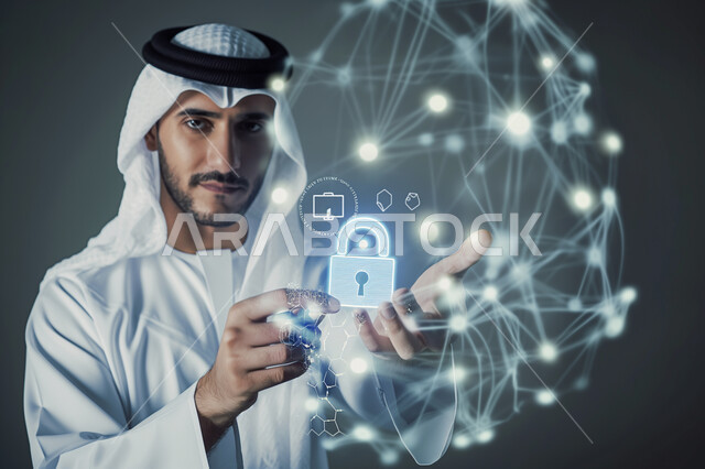 Technological growth and progress, use of modern electronic technologies, close-up portrait of a Saudi Arabian Gulf man raising his hands interacting with a 3D illuminated lock icon, holographic symbols and elements, concept of data protection, gray background