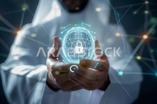النمو والتقدم التكنولوجي، استخدام التقنيات الالكترونية الحديثه، بورتريه مقرب لرجل عربي خليجي سعودي يرفع يديه يتفاعل مع أيقونة القفل المضيئة ثلاثية الأبعاد، رموز وعناصر هولوجرامية، مفهوم المحافظة على حماية البيانات، خلفية رمادية