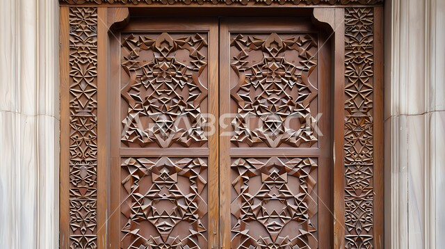 Architectural engineering art of building old houses, decorations in the old Arabic clay style, heritage sites in the Kingdom of Saudi Arabia, wooden door engraved with popular decorations