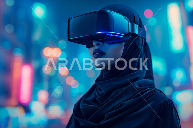 التقنيات والأجهزة الالكترونية الحديثة، التفاعل ومحاكاة العالم الافتراضي الخيالي, صورة مقربة لامرأة عربية خليجية سعودية محجبة ترتدي نظارات الواقع الافتراضي, الاستمتاع في قضاء اوقات ترفيهية، مفهوم التقدم والنمو التكنولوجي، الشاشات الالكترونية المضيئة