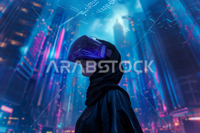 Modern electronic technologies and devices, interaction and simulation of the imaginary virtual world, close-up image of a veiled Saudi Arabian Gulf woman wearing virtual reality glasses, enjoying leisure time, the concept of technological progress and growth, illuminated electronic screens