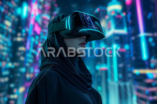 التقنيات والأجهزة الالكترونية الحديثة، التفاعل ومحاكاة العالم الافتراضي الخيالي, صورة مقربة لامرأة عربية خليجية سعودية محجبة ترتدي نظارات الواقع الافتراضي, الاستمتاع في قضاء اوقات ترفيهية، مفهوم التقدم والنمو التكنولوجي، الشاشات الالكترونية المضيئة