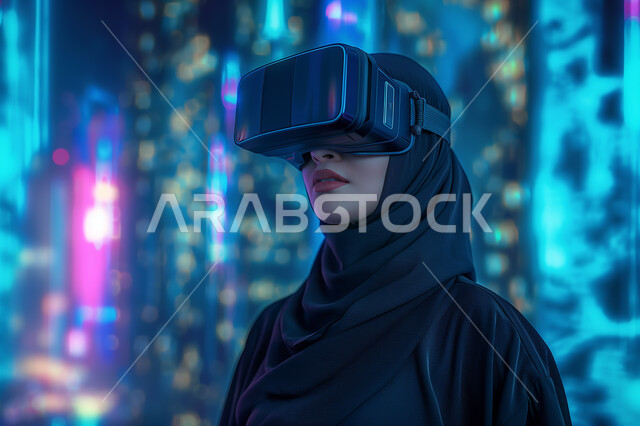 التقنيات والأجهزة الالكترونية الحديثة، التفاعل ومحاكاة العالم الافتراضي الخيالي, صورة مقربة لامرأة عربية خليجية سعودية محجبة ترتدي نظارات الواقع الافتراضي, الاستمتاع في قضاء اوقات ترفيهية، مفهوم التقدم والنمو التكنولوجي، الشاشات الالكترونية المضيئة