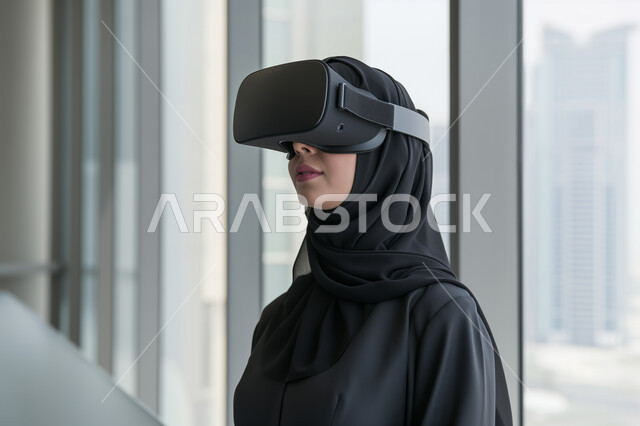 التقنيات والأجهزة الالكترونية الحديثة، التفاعل ومحاكاة العالم الافتراضي الخيالي, صورة مقربة لامرأة عربية خليجية سعودية محجبة ترتدي نظارات الواقع الافتراضي, مفهوم التقدم والنمو التكنولوجي