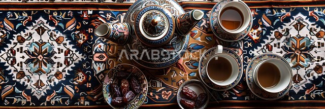 التقاليد والعادات الأصيلة المتوارثة من الأجداد, دلة قهوة وفناجين نحاسية موضوعة على سجادة شعبية منسوجة بزخارف تقليدية, بن مصنوع بالطريقة العربية الشرقية, مشروبات منشطة وكافيين