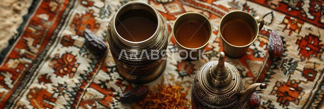مشروبات منشطة وكافيين, التقاليد والعادات الأصيلة المتوارثة من الأجداد, دلة قهوة وفناجين نحاسية موضوعة على سجادة شعبية منسوجة بزخارف تقليدية, بن مصنوع بالطريقة العربية الشرقية