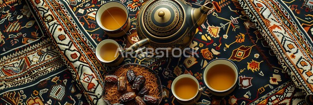 بن مصنوع بالطريقة العربية الشرقية, مشروبات منشطة وكافيين, التقاليد والعادات الأصيلة المتوارثة من الأجداد, دلة قهوة وفناجين نحاسية موضوعة على سجادة شعبية منسوجة بزخارف تقليدية