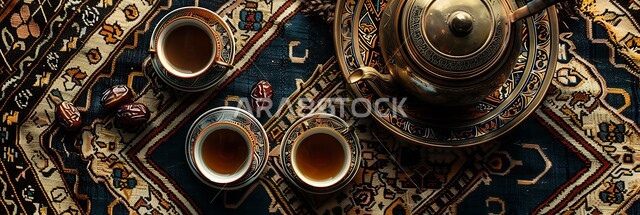 دلة قهوة وفناجين نحاسية موضوعة على سجادة شعبية منسوجة بزخارف تقليدية, بن مصنوع بالطريقة العربية الشرقية, مشروبات منشطة وكافيين, التقاليد والعادات الأصيلة المتوارثة من الأجداد