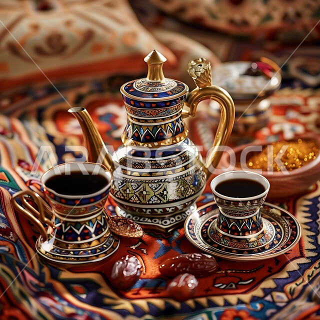 التقاليد والعادات الأصيلة المتوارثة من الأجداد, دلة قهوة وفناجين نحاسية موضوعة على سجادة شعبية منسوجة بزخارف تقليدية, بن مصنوع بالطريقة العربية الشرقية, مشروبات منشطة وكافيين