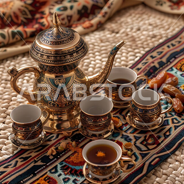 مشروبات منشطة وكافيين, التقاليد والعادات الأصيلة المتوارثة من الأجداد, دلة قهوة وفناجين نحاسية موضوعة على سجادة شعبية منسوجة بزخارف تقليدية, بن مصنوع بالطريقة العربية الشرقية