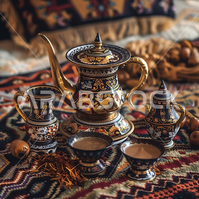 دلة قهوة وفناجين نحاسية موضوعة على سجادة شعبية منسوجة بزخارف تقليدية, بن مصنوع بالطريقة العربية الشرقية, مشروبات منشطة وكافيين, التقاليد والعادات الأصيلة المتوارثة من الأجداد