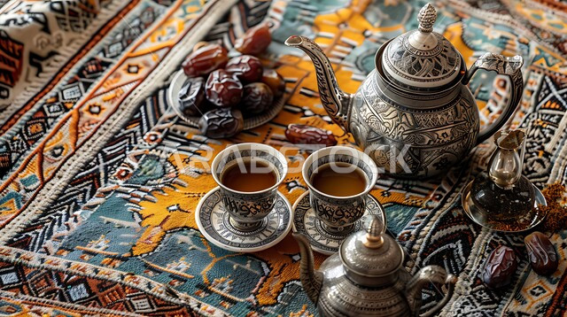 مشروبات منشطة وكافيين, التقاليد والعادات الأصيلة المتوارثة من الأجداد, دلة قهوة وفناجين نحاسية موضوعة على سجادة شعبية منسوجة بزخارف تقليدية, بن مصنوع بالطريقة العربية الشرقية